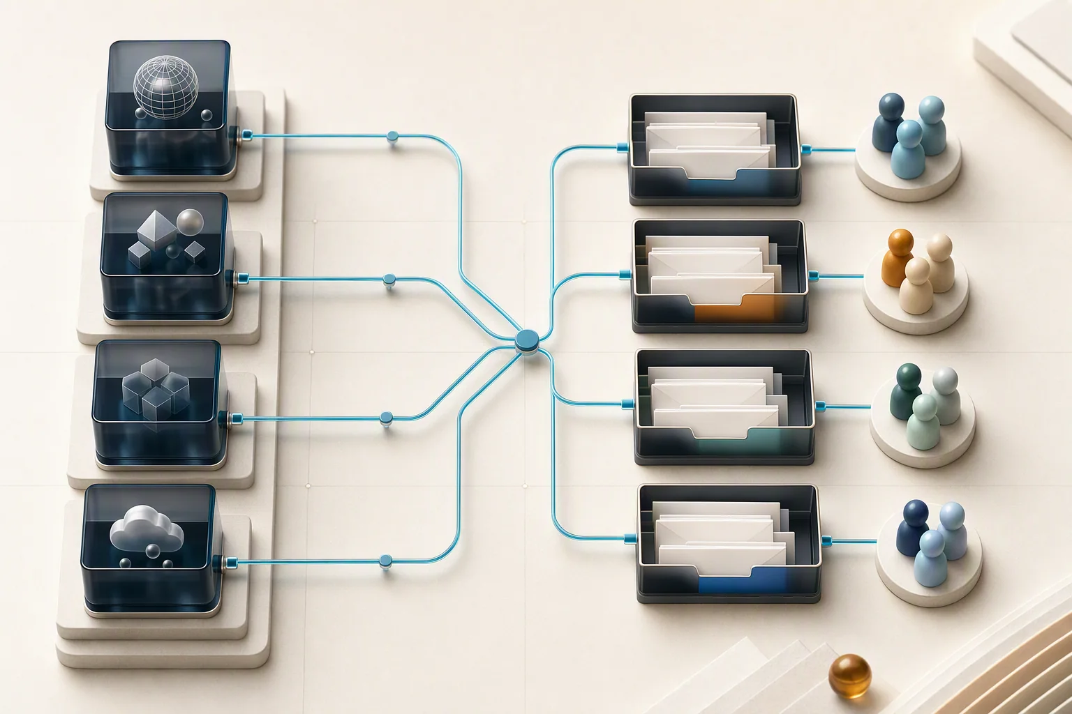 Several domain blocks connected to organized shared inboxes
