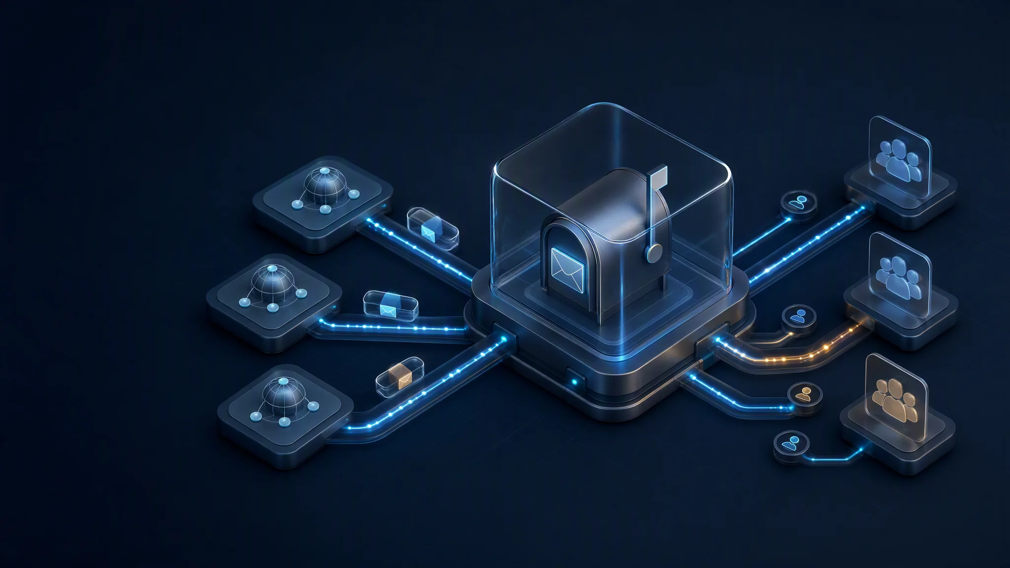 Email routing hub connecting multiple domains and team inboxes